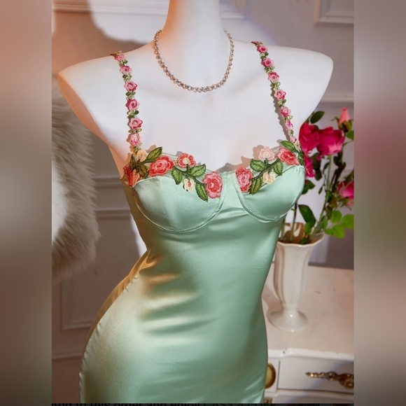 Light Green Floral Embroidered Satin Slip Dress - Picture 3 of 5